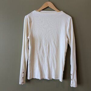 Boat Neck Long Sleeve Pullover Shirt Women Med Off White Ribbed Gold Button Cuff